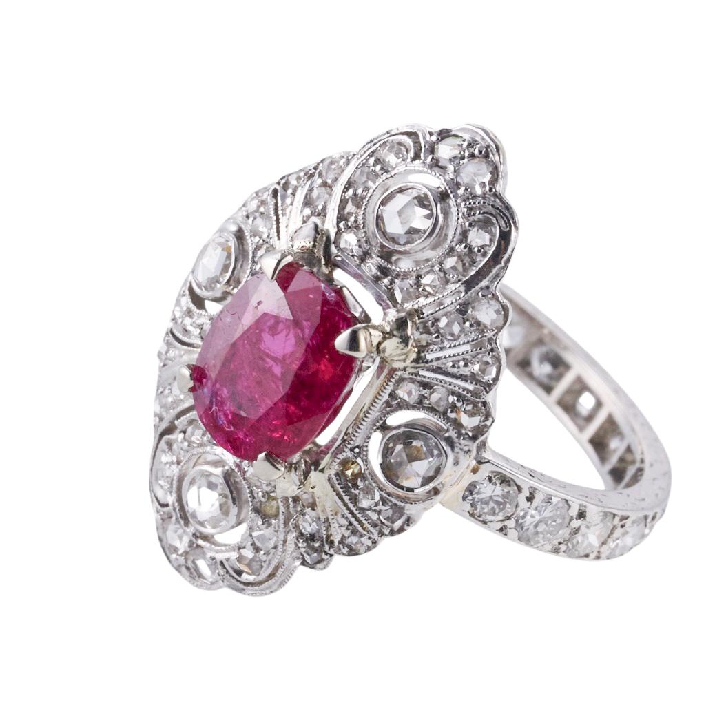 Women's Platinum Art Deco Certified 1.50 Carat No Heat Ruby Diamond Ring For Sale