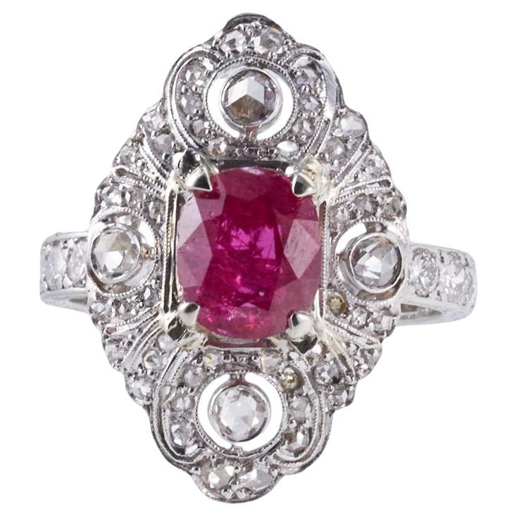 Platinum Art Deco Certified 1.50 Carat No Heat Ruby Diamond Ring For Sale