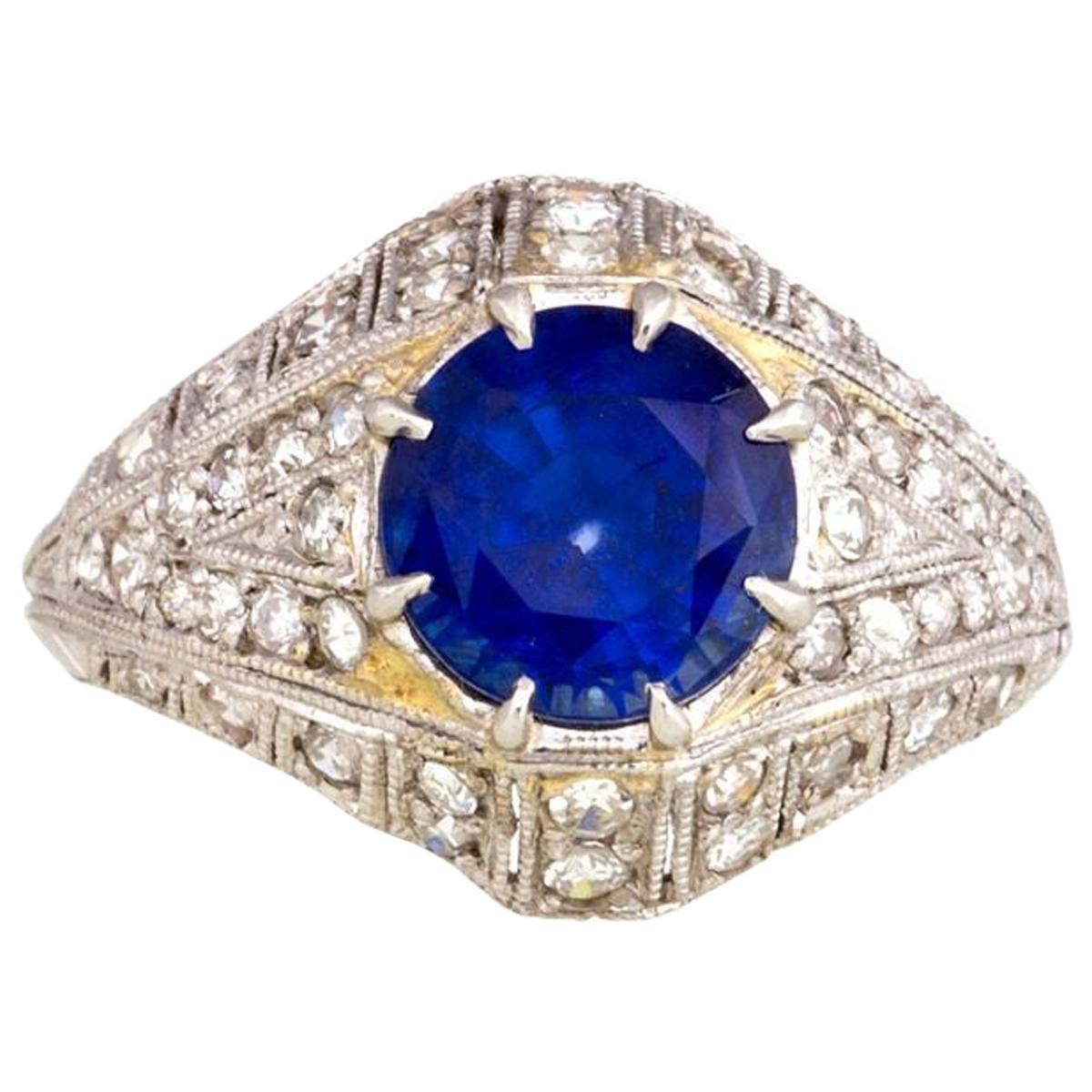 Platinum Art Deco circa 1920s Diamond and Sapphire Ring For Sale
