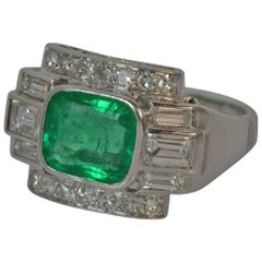 Platinum Art Deco Design 1.15 Carat Emerald and 1.00 Carat Diamond Ring