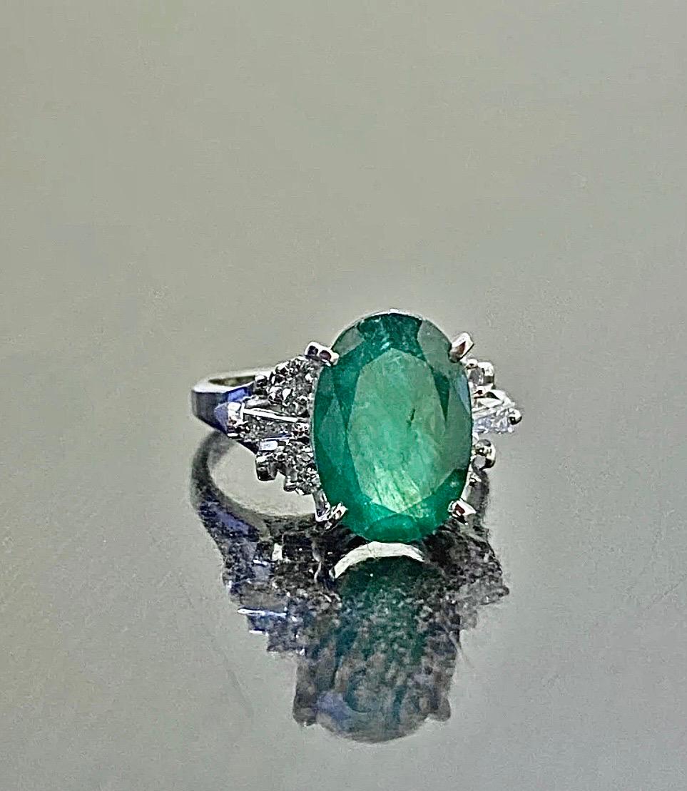 Emerald Cut Platinum Art Deco Diamond 4.56 Carat Oval Emerald Engagement Ring For Sale