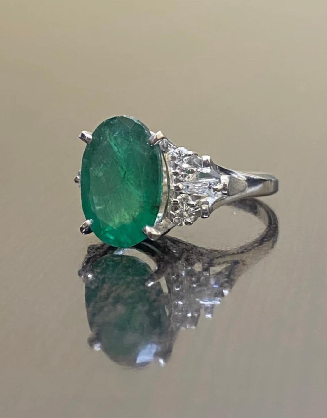 Emerald Cut Platinum Art Deco Diamond 4.56 Carat Oval Emerald Engagement Ring For Sale
