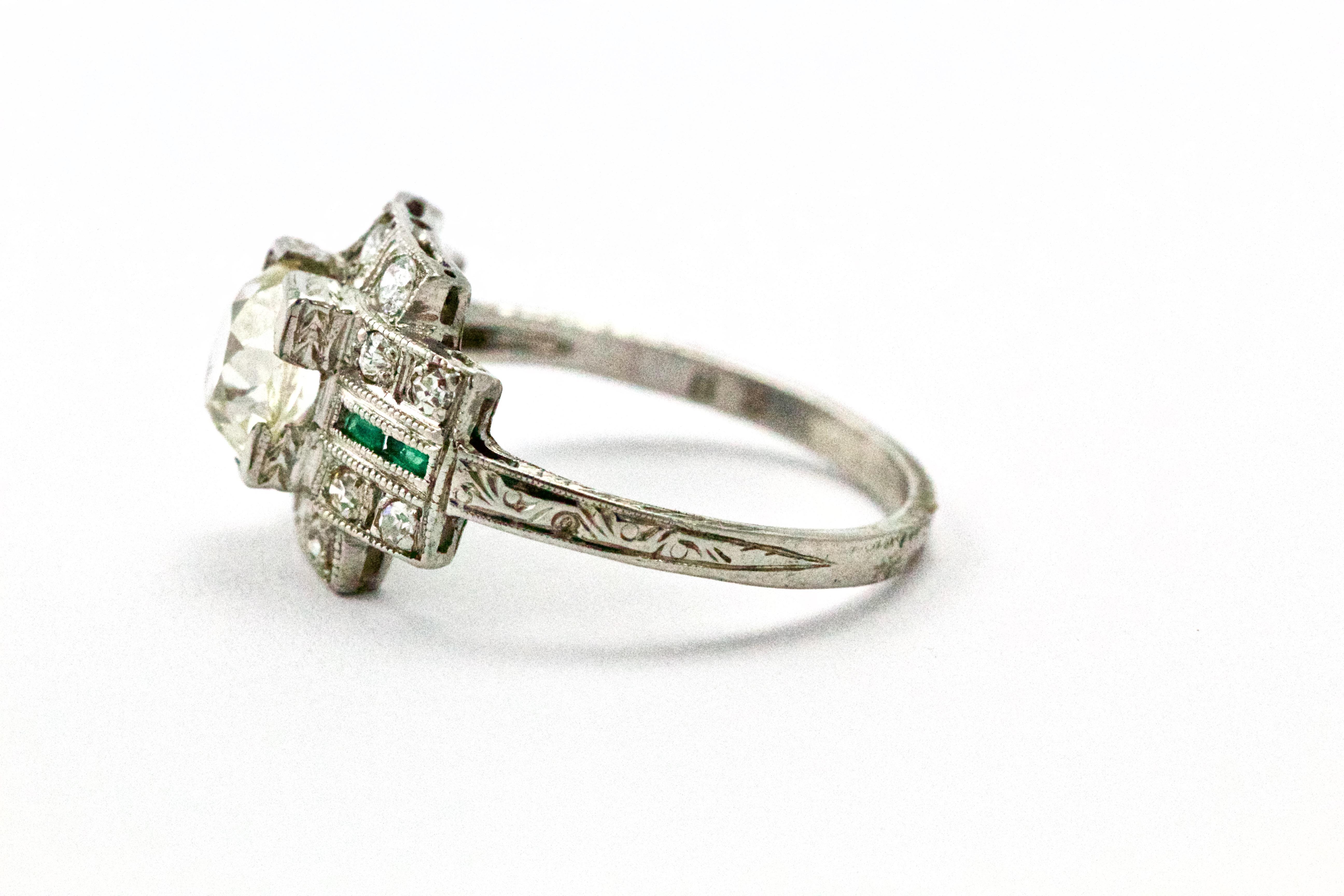 Old European Cut Platinum Art Deco Diamond and Emerald Cocktail Ring For Sale