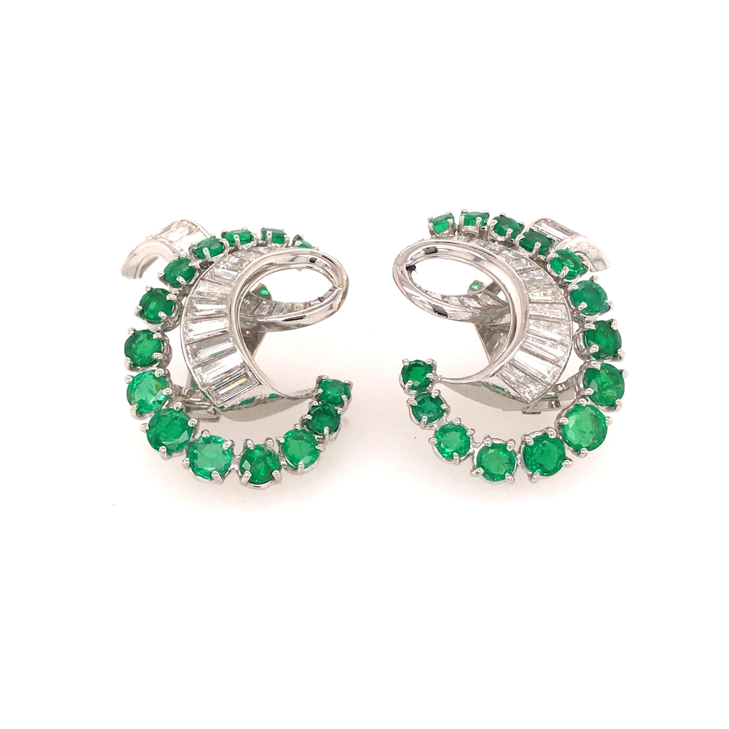 Baguette Cut Platinum Art Deco Style Diamond and Emerald Earrings