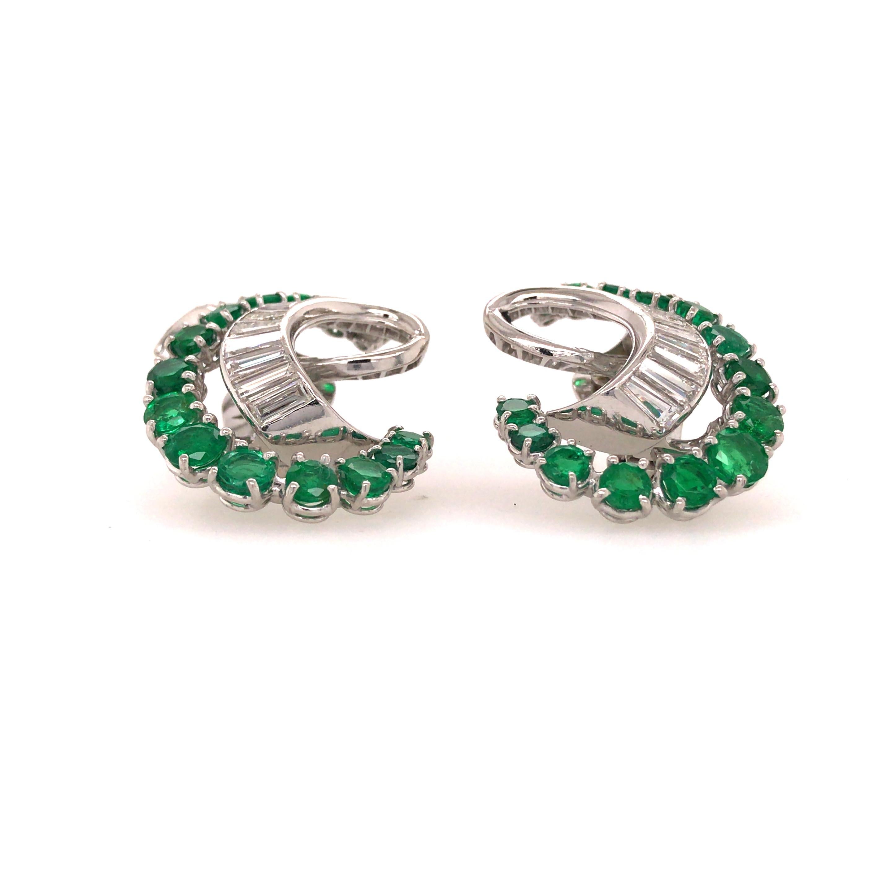 Women's Platinum Art Deco Style Diamond and Emerald Earrings
