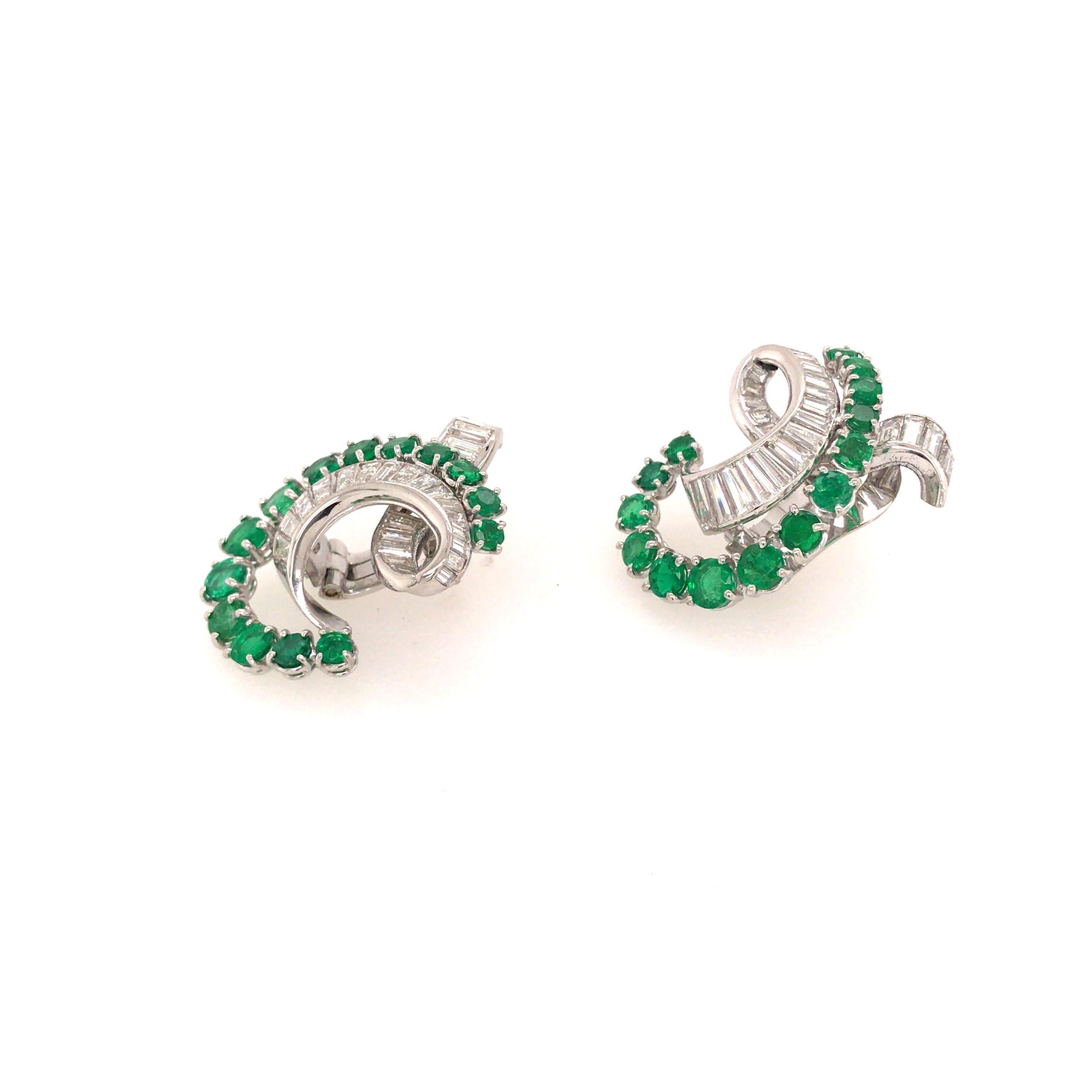 Platinum Art Deco Style Diamond and Emerald Earrings 1
