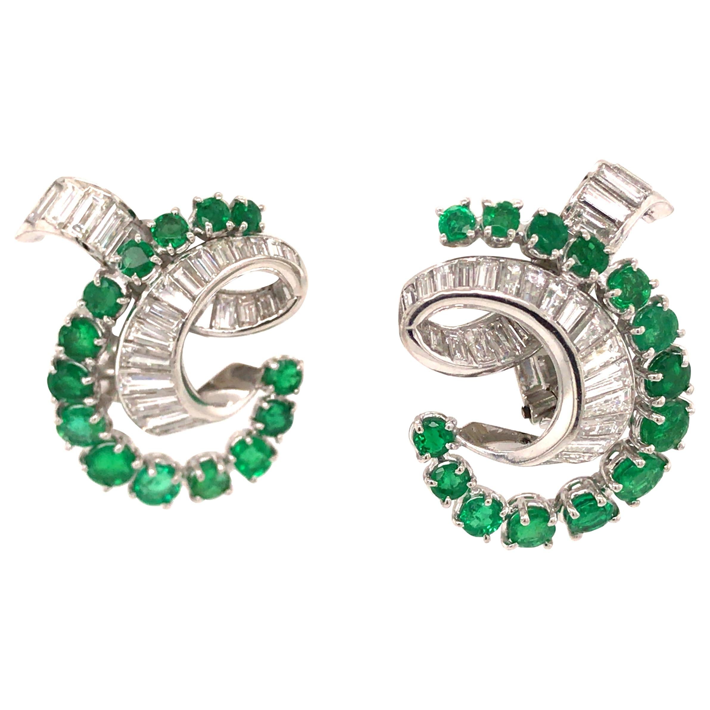 Platinum Art Deco Style Diamond and Emerald Earrings