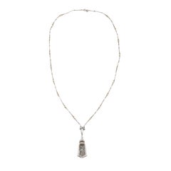Platinum Art Deco Diamond and Emerald Geometric Pendant Necklace