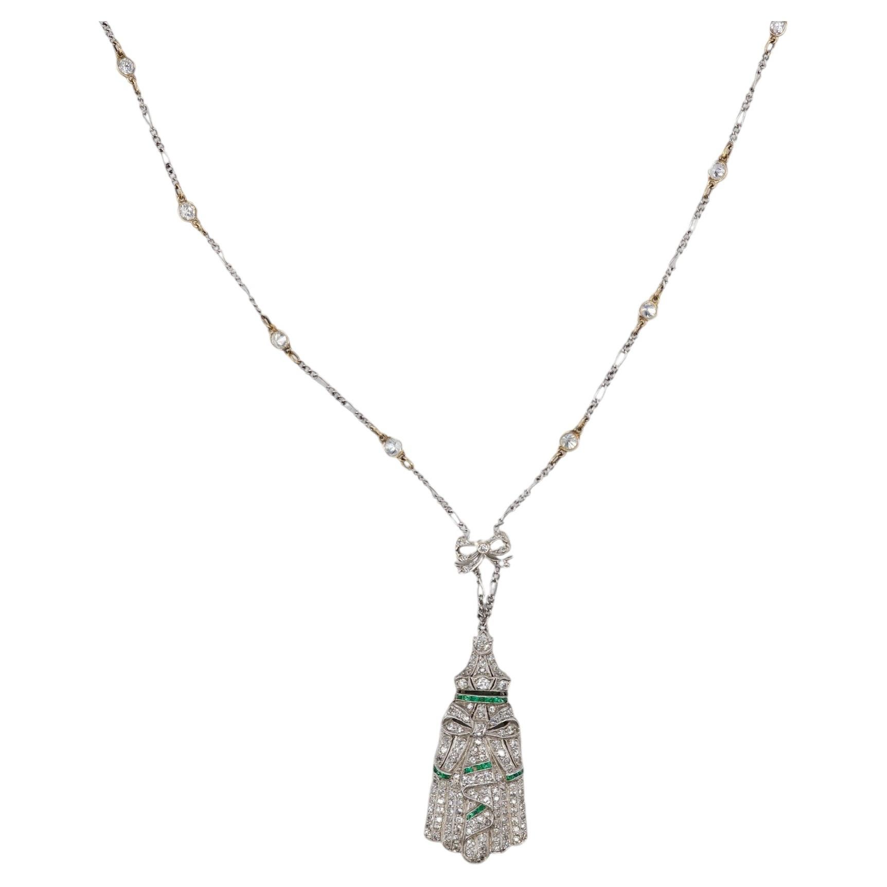Platinum Art Deco Diamond and Emerald Geometric Pendant Necklace For Sale