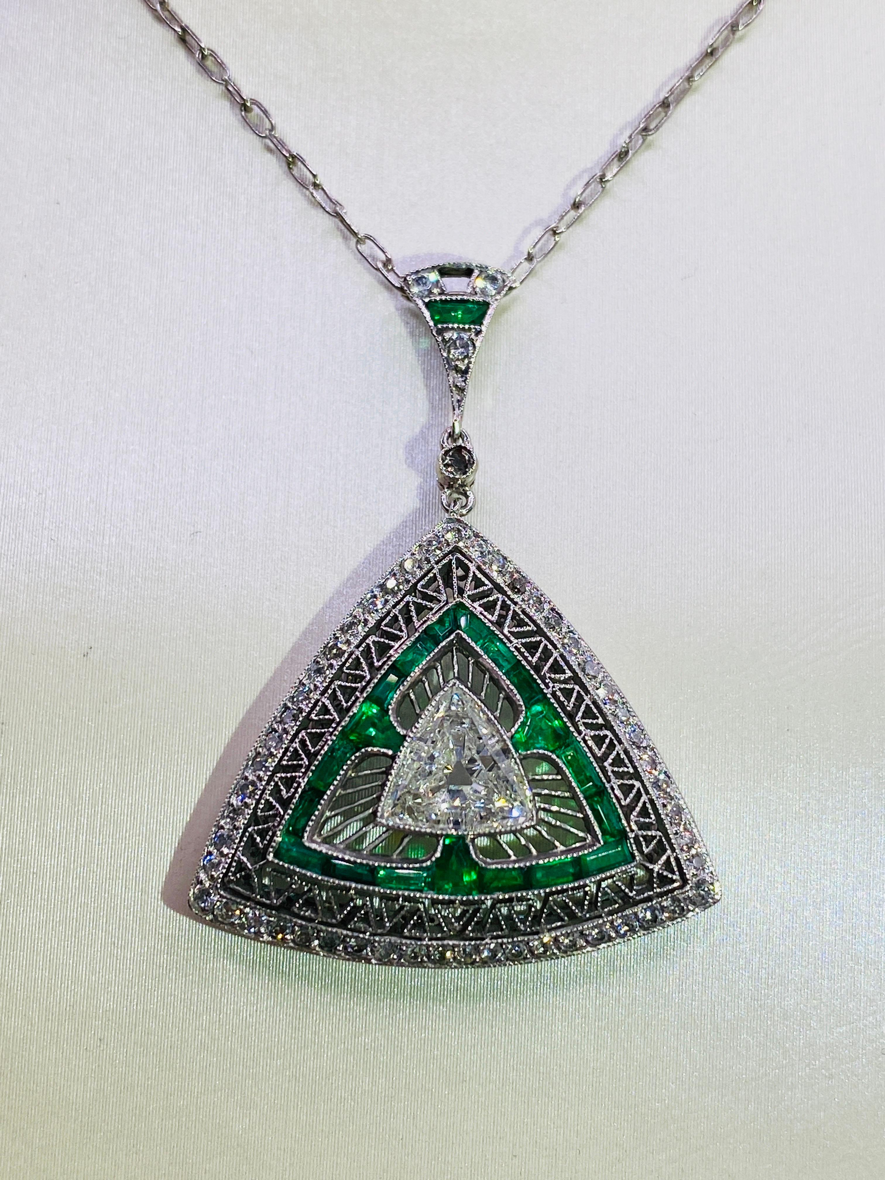 Women's or Men's Platinum Art Deco Diamond and Emerald Necklace