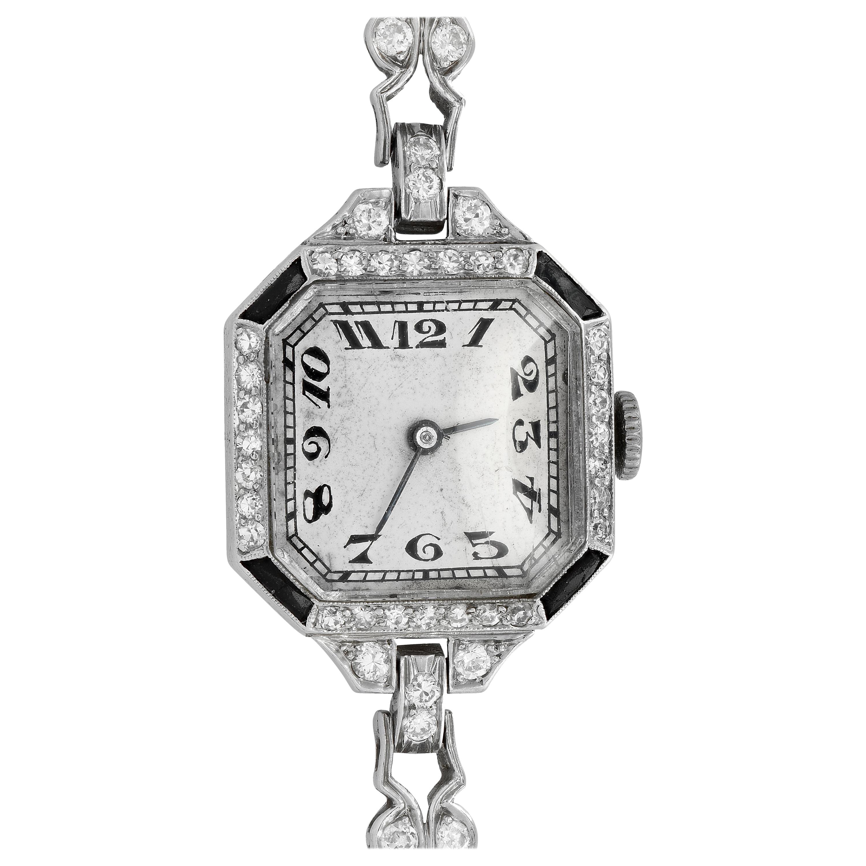 Platinum Art Deco Diamond and Onyx Watch