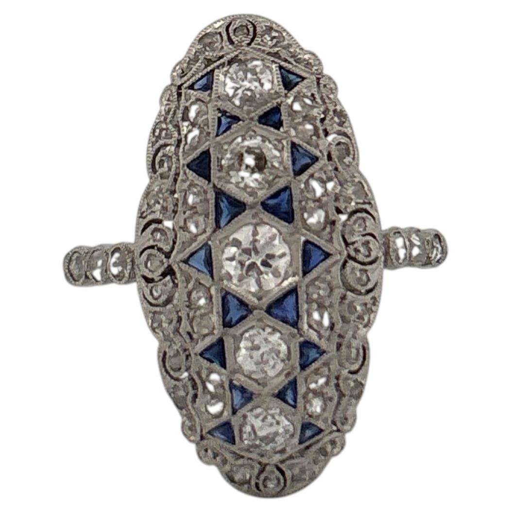 Platinum Art Deco Diamond and Sapphire Elongated Ring For Sale