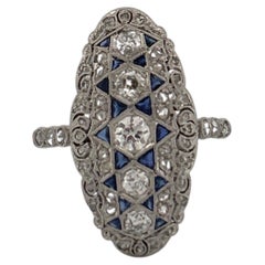 Platinum Art Deco Diamond and Sapphire Elongated Ring