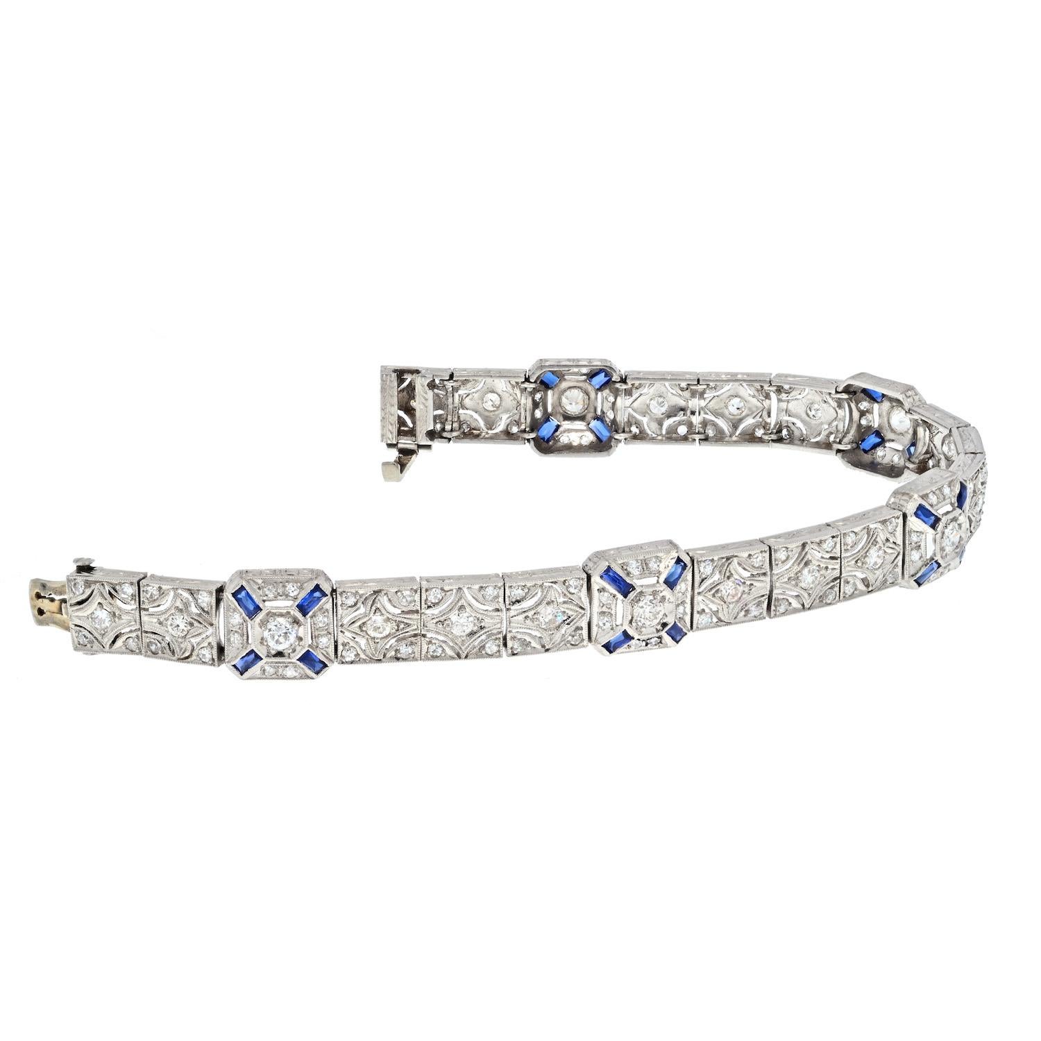 Modern Platinum Art Deco Diamond And Sapphire One Line Bracelet