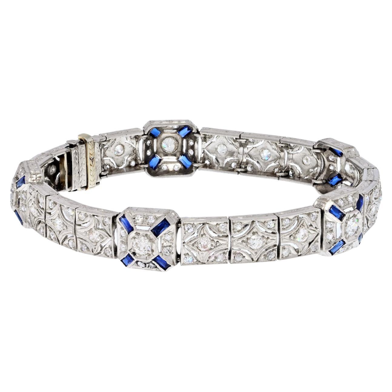 Platinum Art Deco Diamond And Sapphire One Line Bracelet