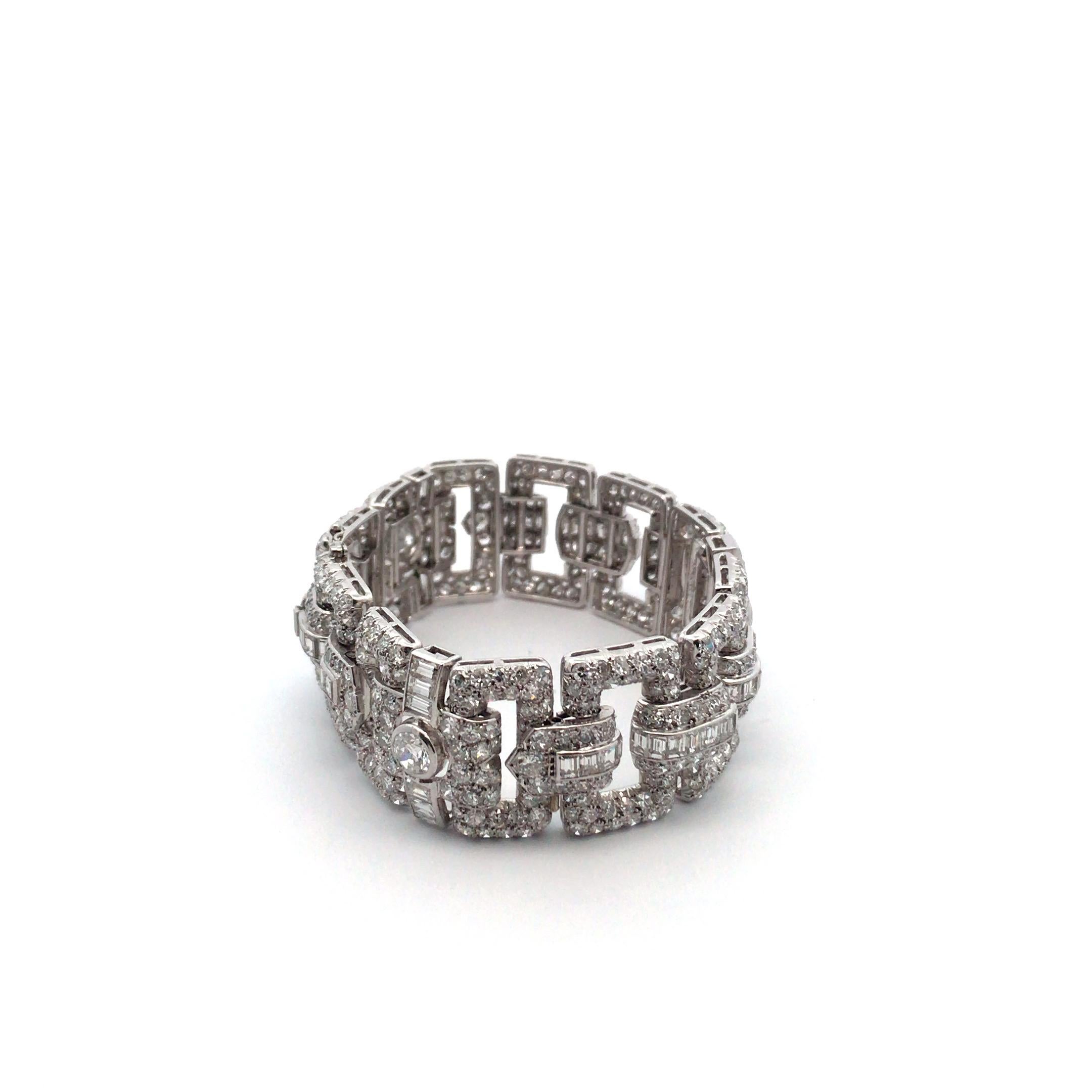 Baguette Cut Platinum Art Deco Diamond Bracelet For Sale