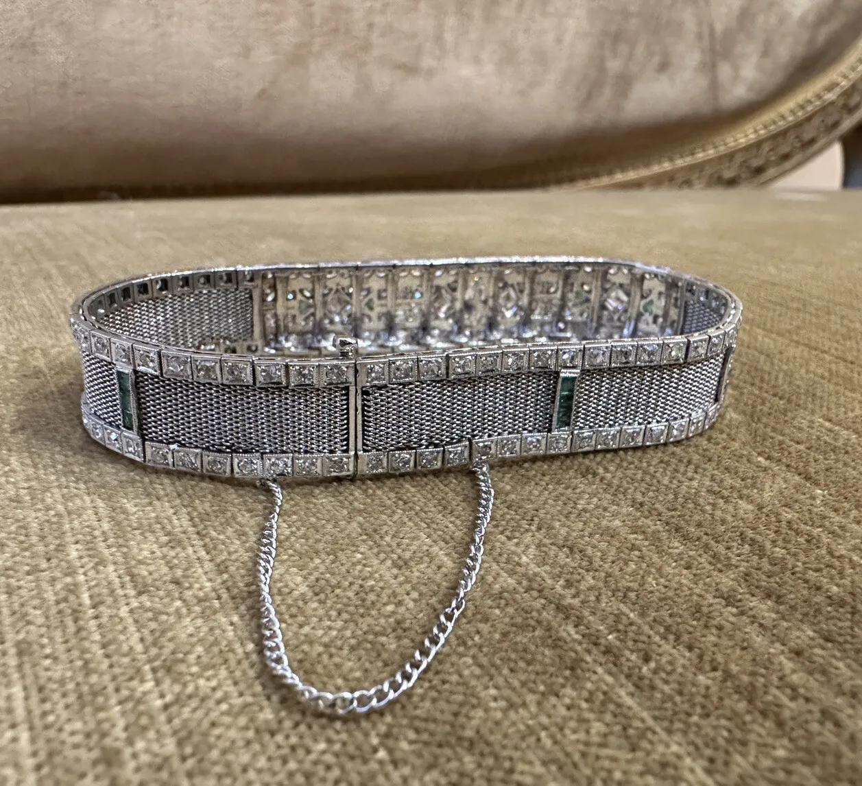 Women's Platinum Art Deco Diamond Bracelet with Marquise Center For Sale