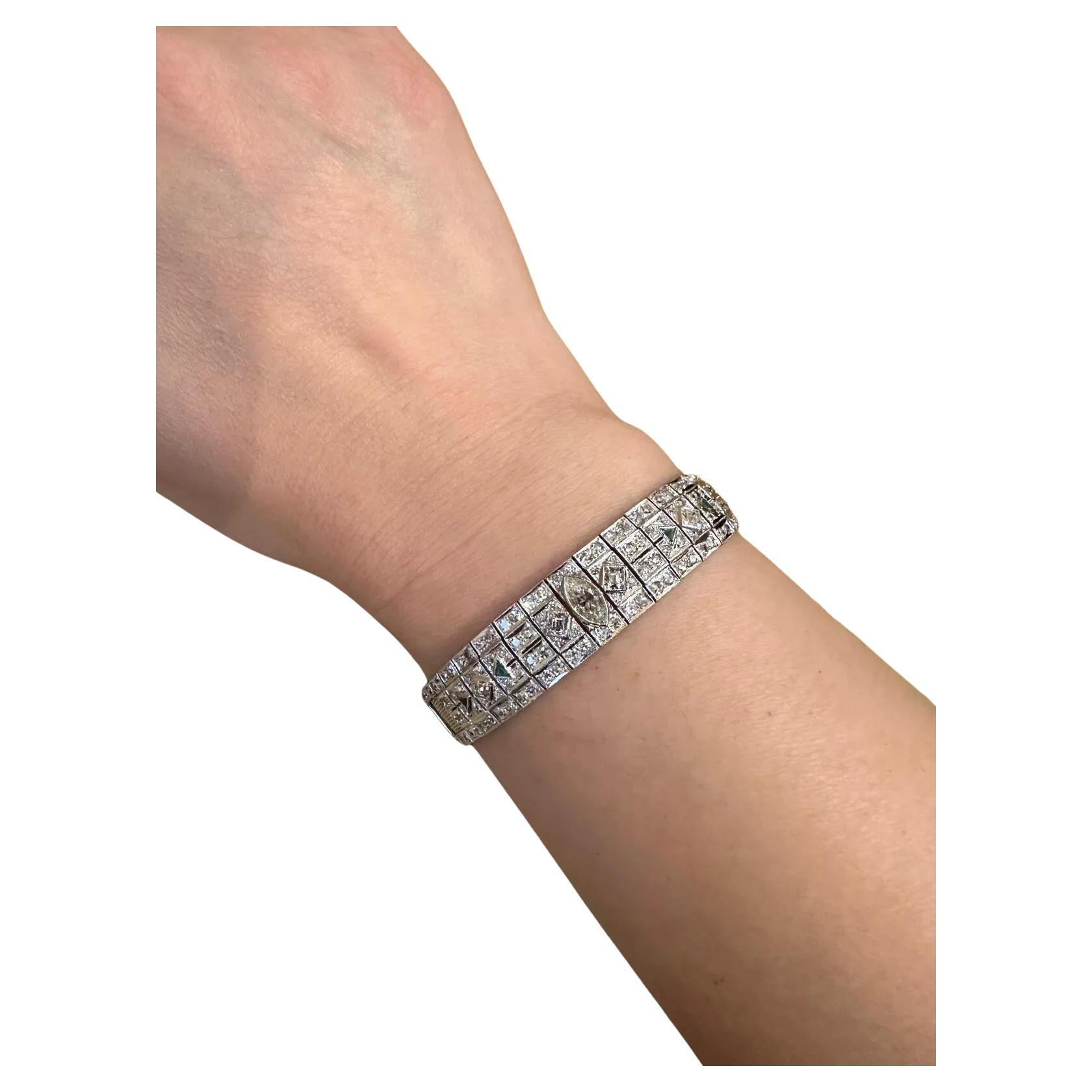 Platinum Art Deco Diamond Bracelet with Marquise Center For Sale