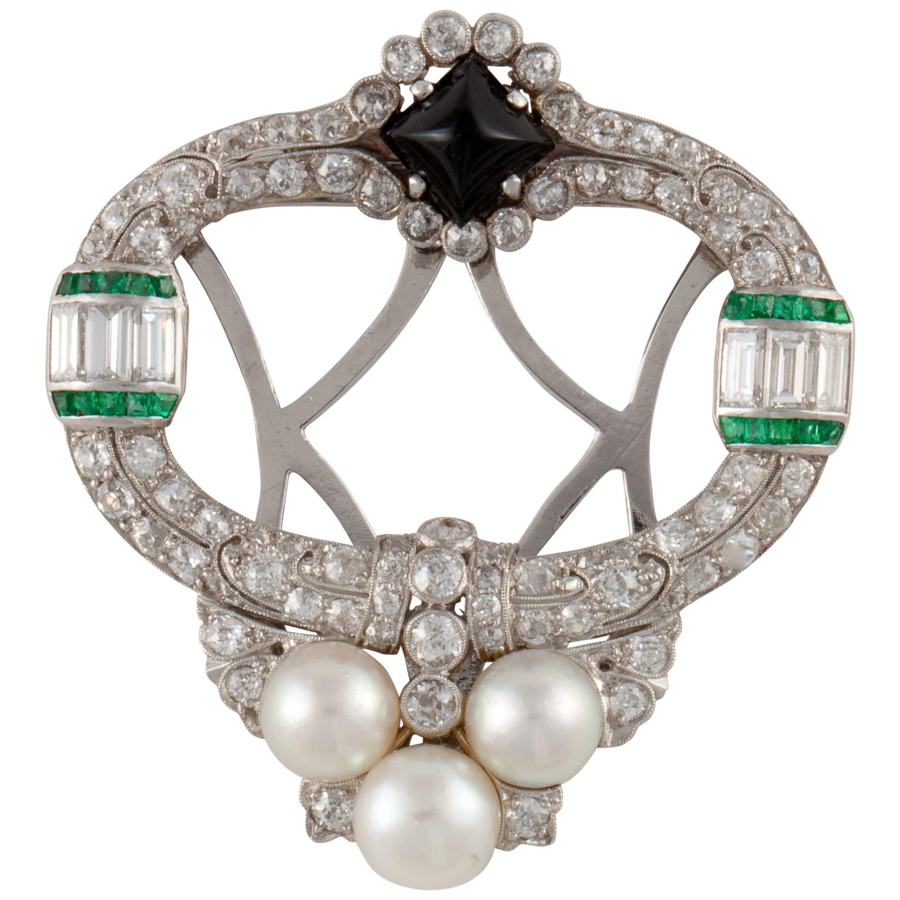 Art Deco Diamond Gemstone Brooch in Platinum