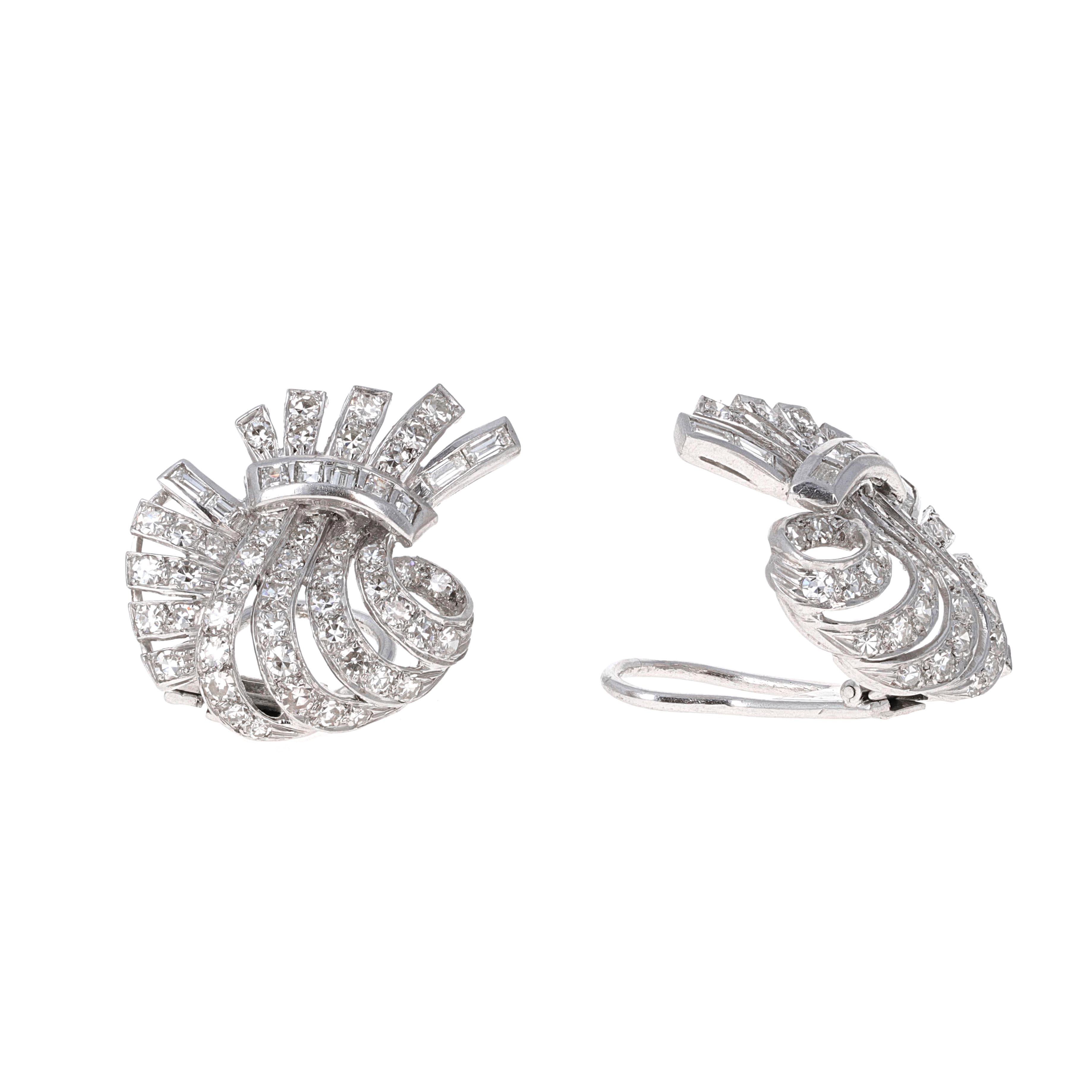 Old European Cut Platinum Art Deco Diamond Clip-On Earrings For Sale