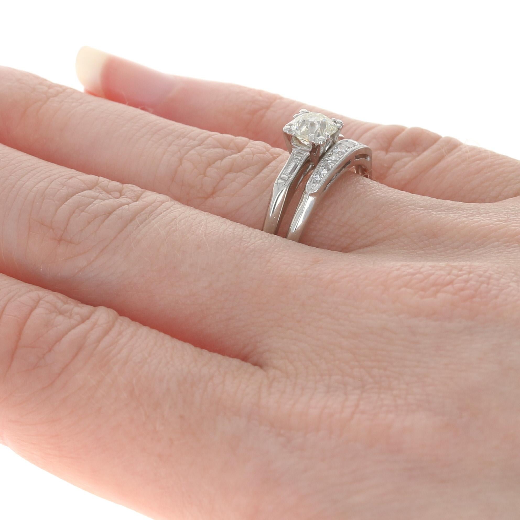Women's Platinum Art Deco Diamond Ring and Wedding Band, 900 Mine Cut .95 Carat