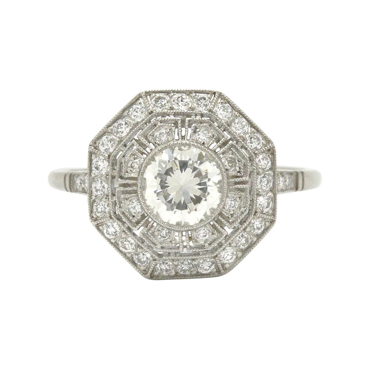 Platinum Art Deco Style Diamond Filigree Engagement Ring Greek Key Octagon 