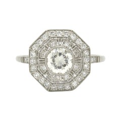 Retro Platinum Art Deco Style Diamond Filigree Engagement Ring Greek Key Octagon 