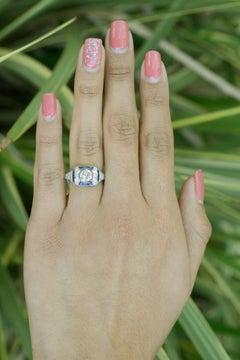 Platinum Art Deco Diamond French Cut Sapphire Engagement Ring Low Bezel Setting
