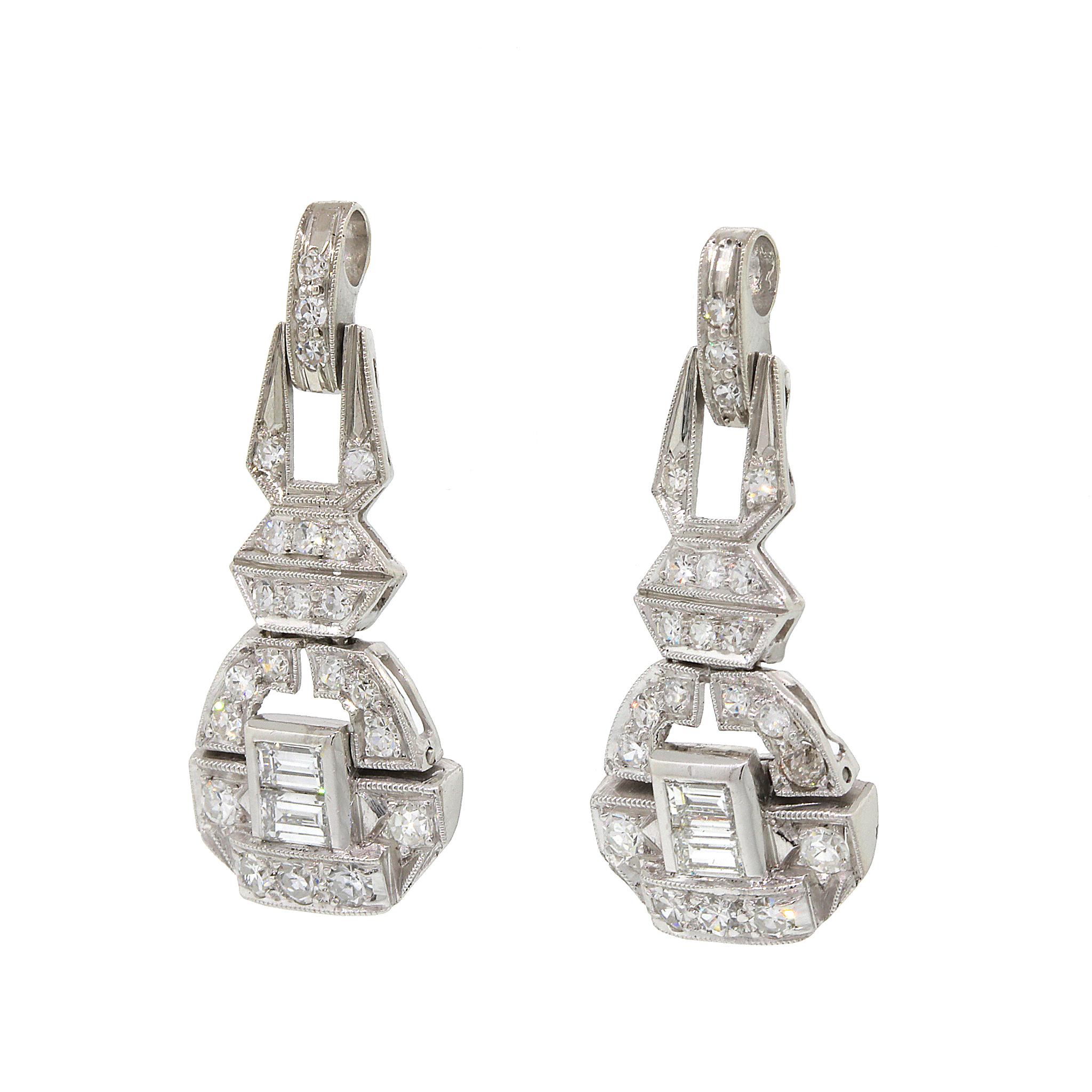 Mixed Cut Platinum Art Deco Diamond Hanging Earrings