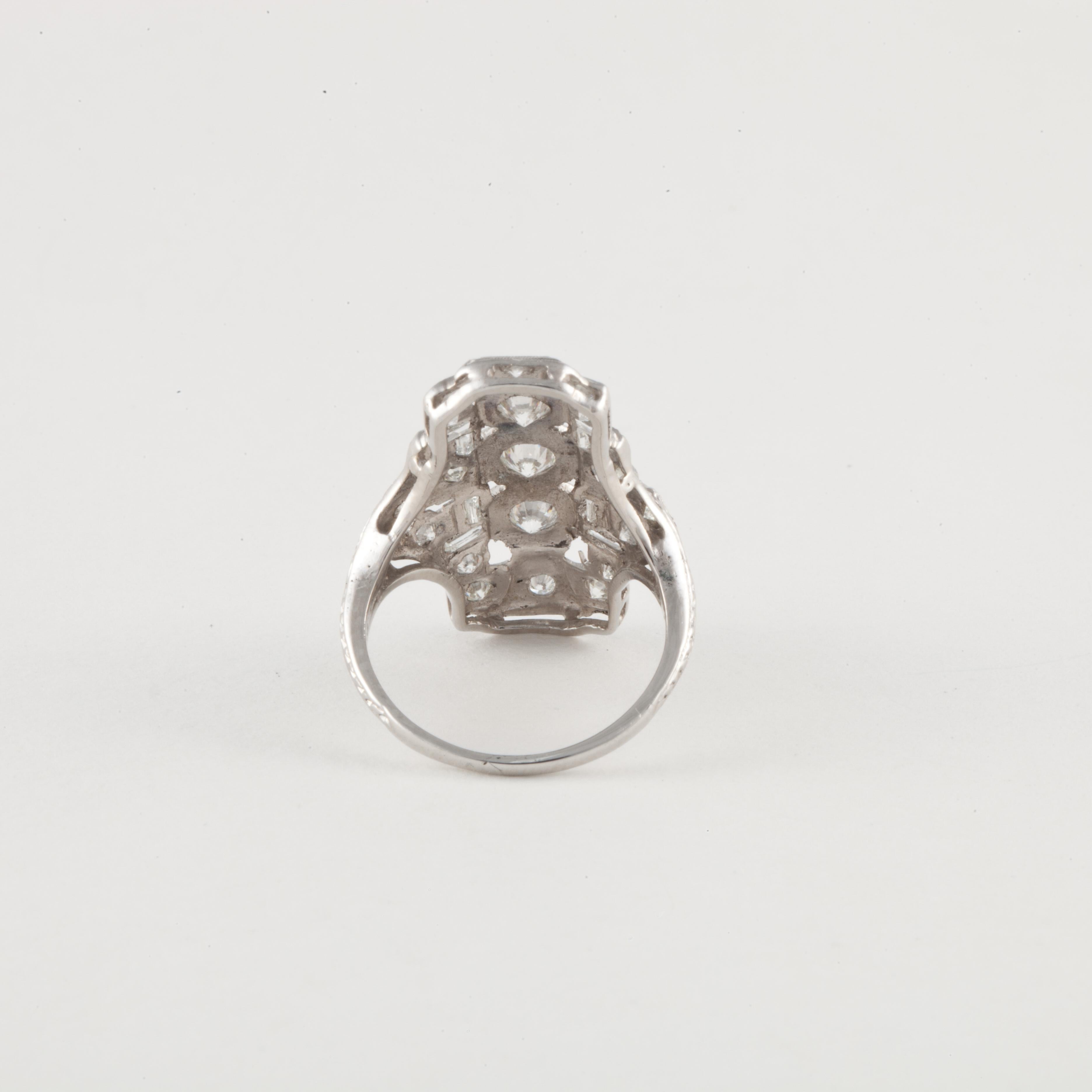 Round Cut Art Deco Platinum Diamond Navette Ring with Engraving and Filigree
