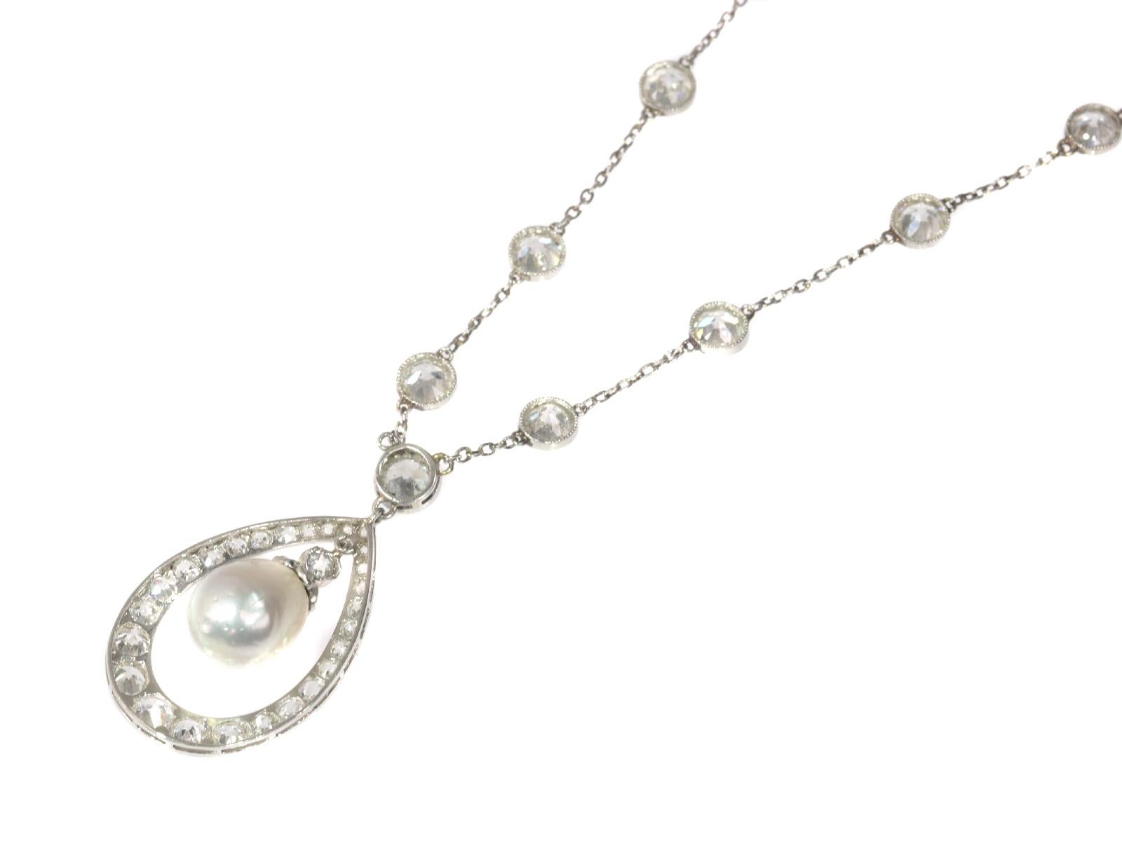 Platinum Art Deco Diamond Necklace with Natural Drop Pearl of 7 Carat, 1930s For Sale 6