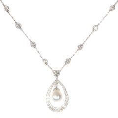 Platinum Art Deco Diamond Necklace with Natural Drop Pearl of 7 Carat, 1930s