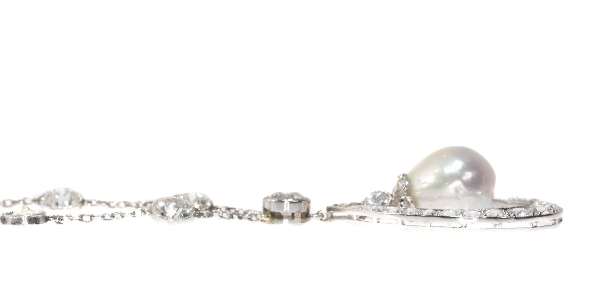 Platinum Art Deco Diamond Necklace with Natural Drop Pearl of 7 Carat, 1930s For Sale 5
