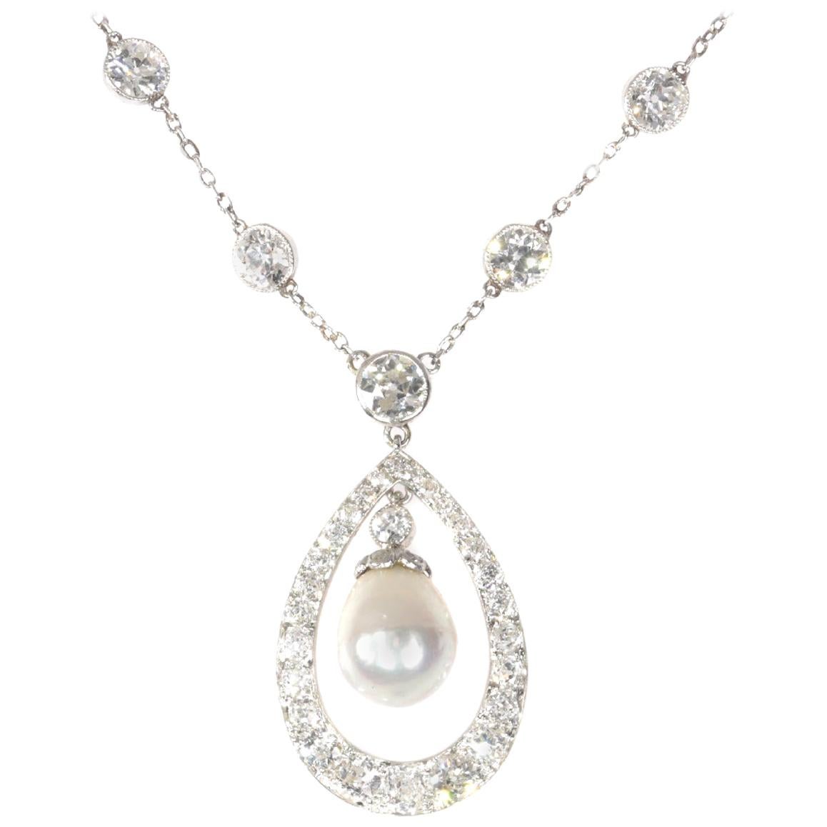 Platinum Art Deco Diamond Necklace with Natural Drop Pearl of 7 Carat, 1930s For Sale