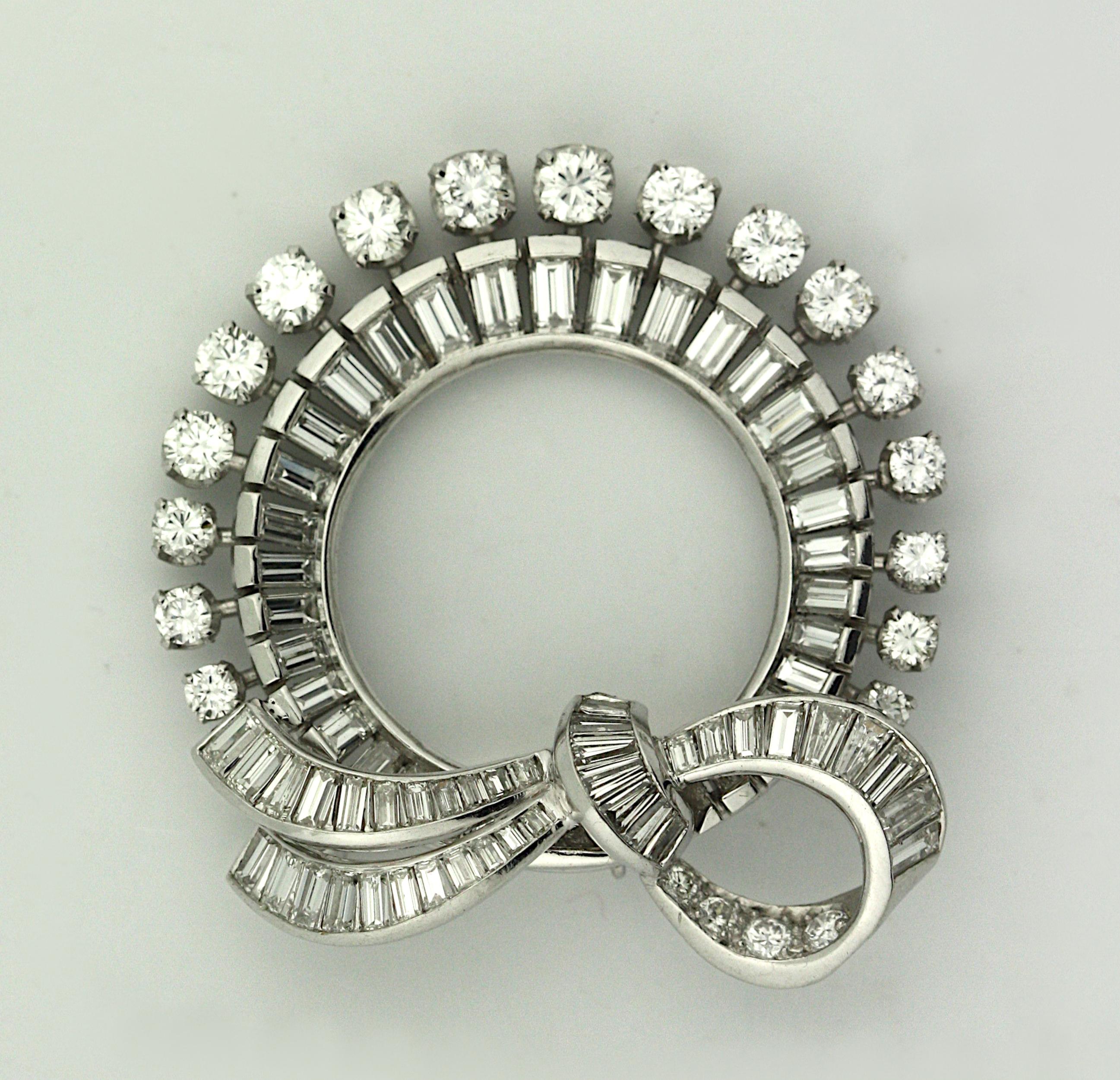 Mixed Cut Platinum Art Deco Diamond Ribbon Pin or Pendant For Sale