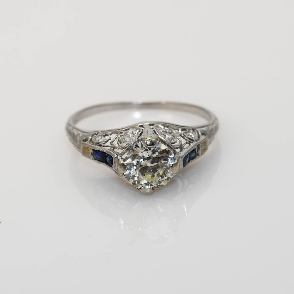 Anillo de diamantes Art Decó de platino 1,00 ct Corte europeo antiguo en venta
