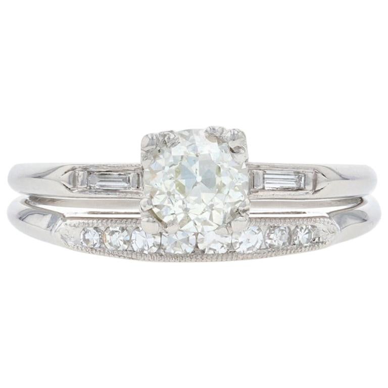 Platinum Art Deco Diamond Ring and Wedding Band, 900 Mine Cut .95 Carat