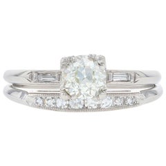 Platinum Art Deco Diamond Ring and Wedding Band, 900 Mine Cut .95 Carat