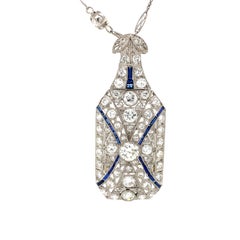 Platinum Art Deco Diamond Sapphire Brooch Pendant Diamonds by the Yard Necklace