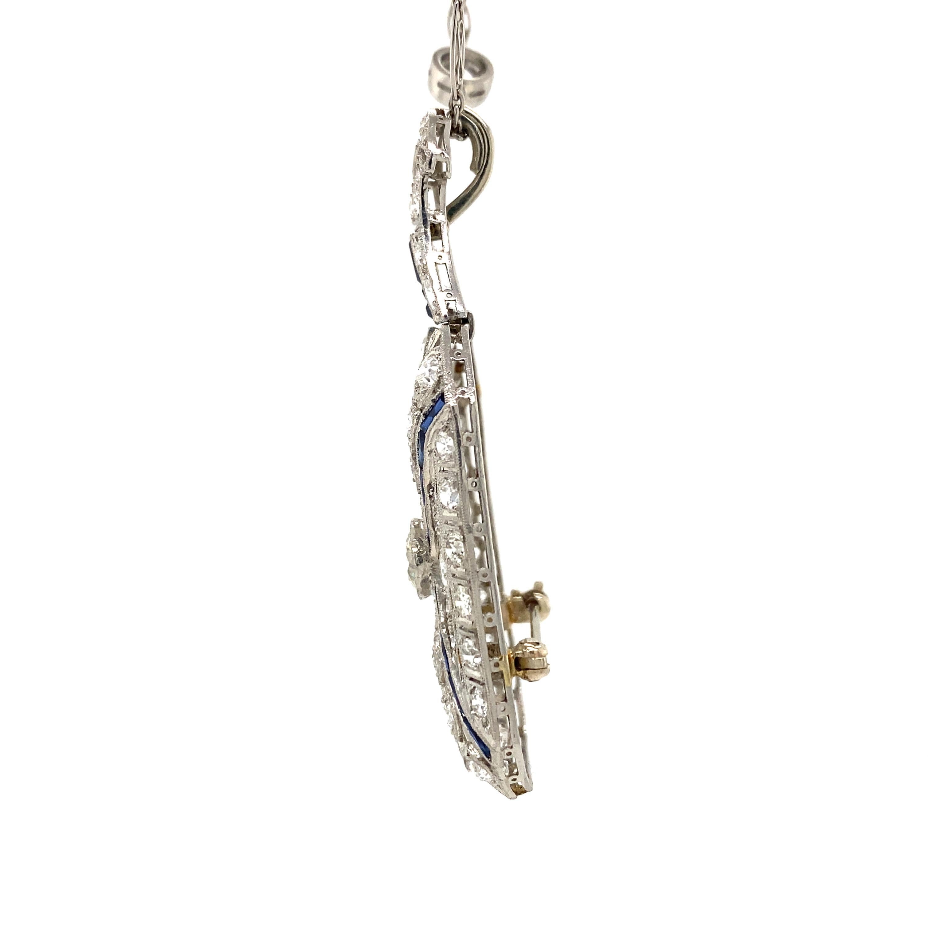 Platinum Art Deco Diamond Sapphire Brooch Pendant Diamonds by the Yard Necklace In Good Condition For Sale In Boca Raton, FL
