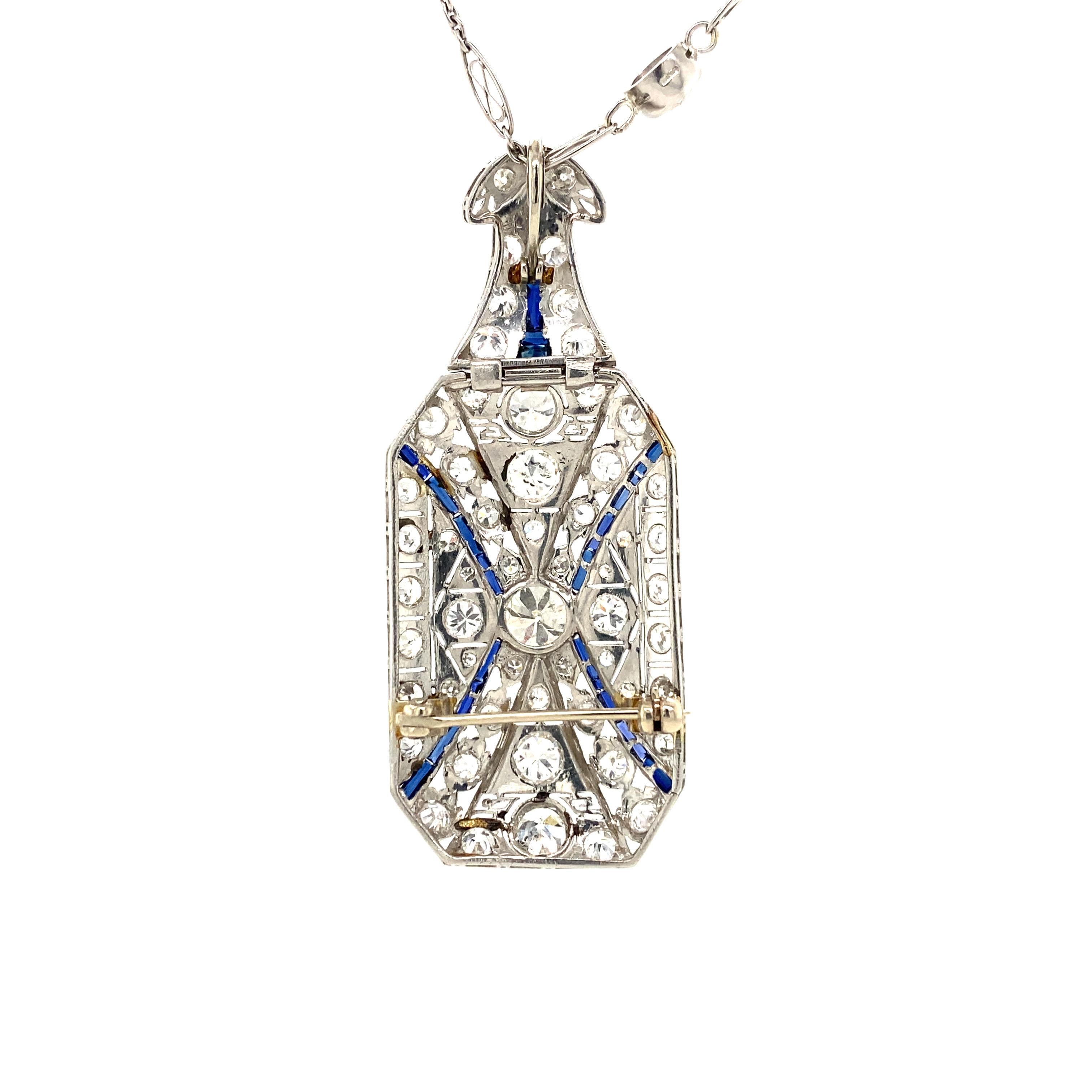 Women's Platinum Art Deco Diamond Sapphire Brooch Pendant Diamonds by the Yard Necklace For Sale