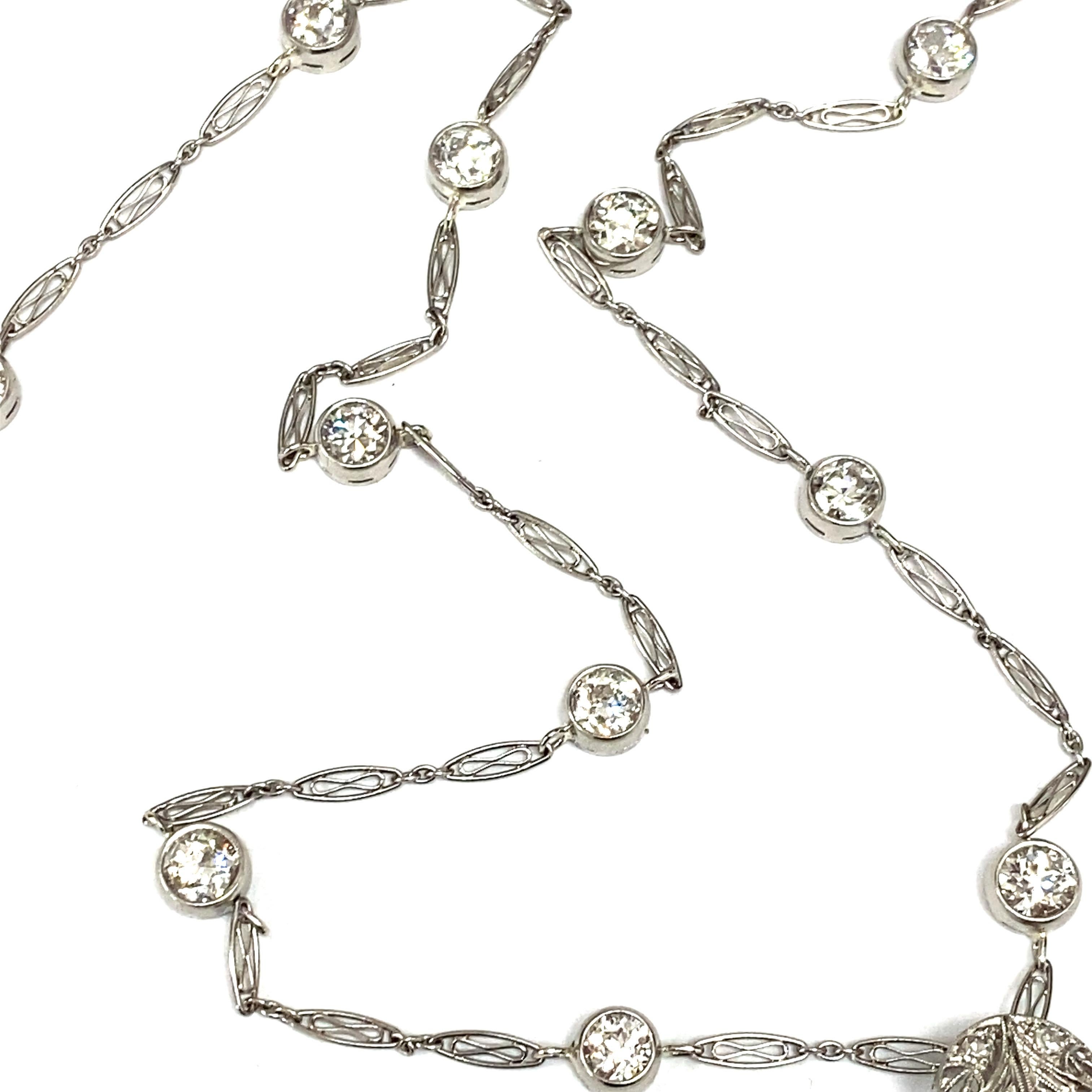 Platinum Art Deco Diamond Sapphire Brooch Pendant Diamonds by the Yard Necklace For Sale 1