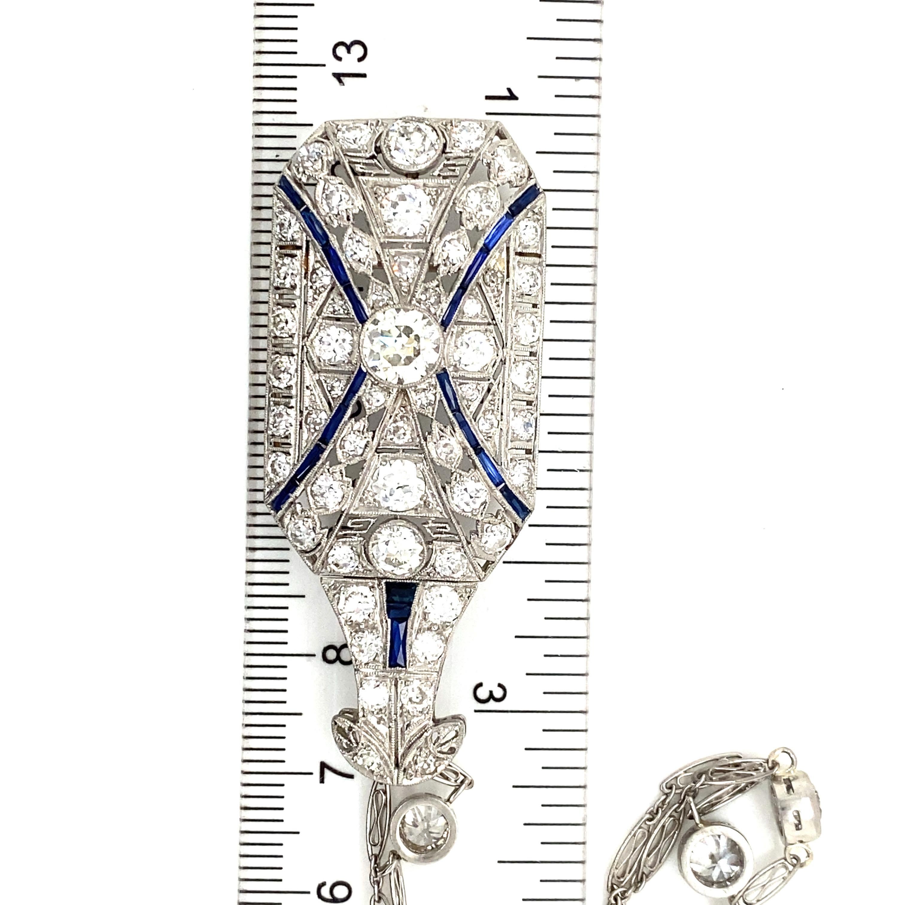 Platinum Art Deco Diamond Sapphire Brooch Pendant Diamonds by the Yard Necklace For Sale 3