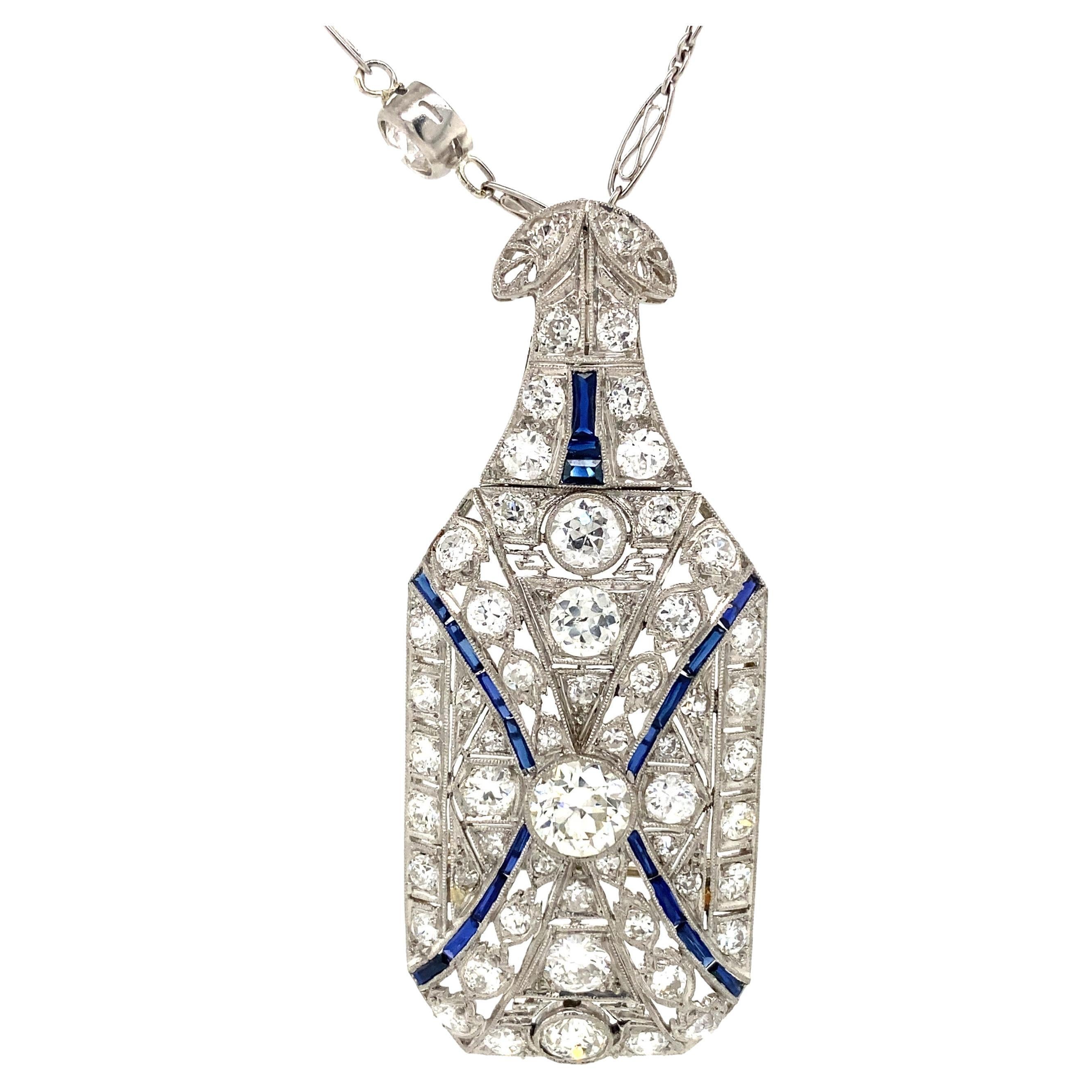 Platinum Art Deco Diamond Sapphire Brooch Pendant Diamonds by the Yard Necklace For Sale