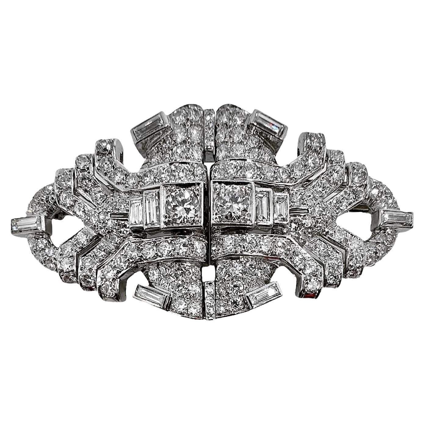 Platinum Art-Deco Double Dress Clips with Approximately 10ct of Fine Diamonds For Sale