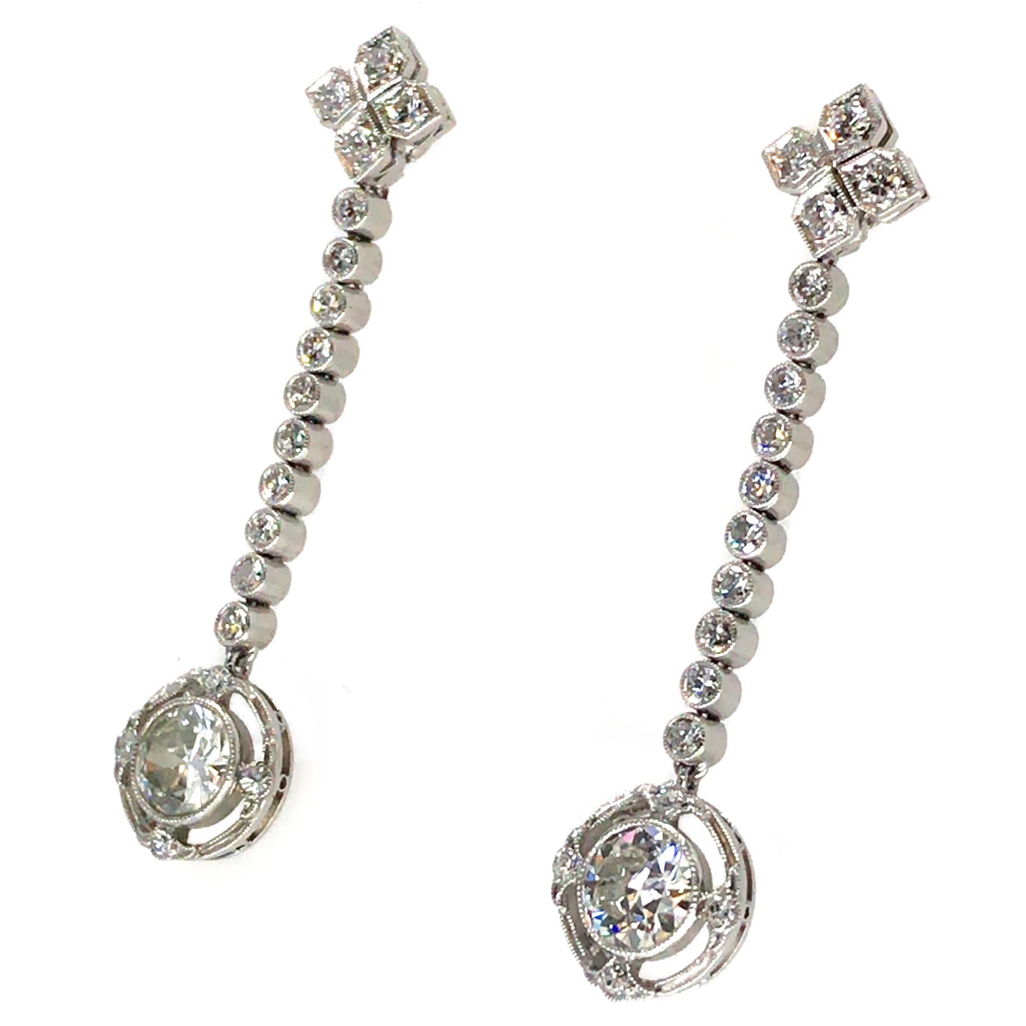 Platinum Art Deco Drop Diamond Earrings 1