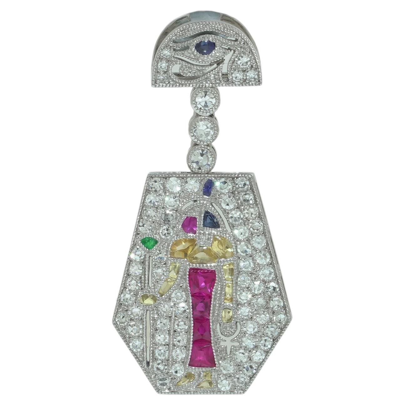 Platinum Art Deco Egyptian Revival Gemset Pendant