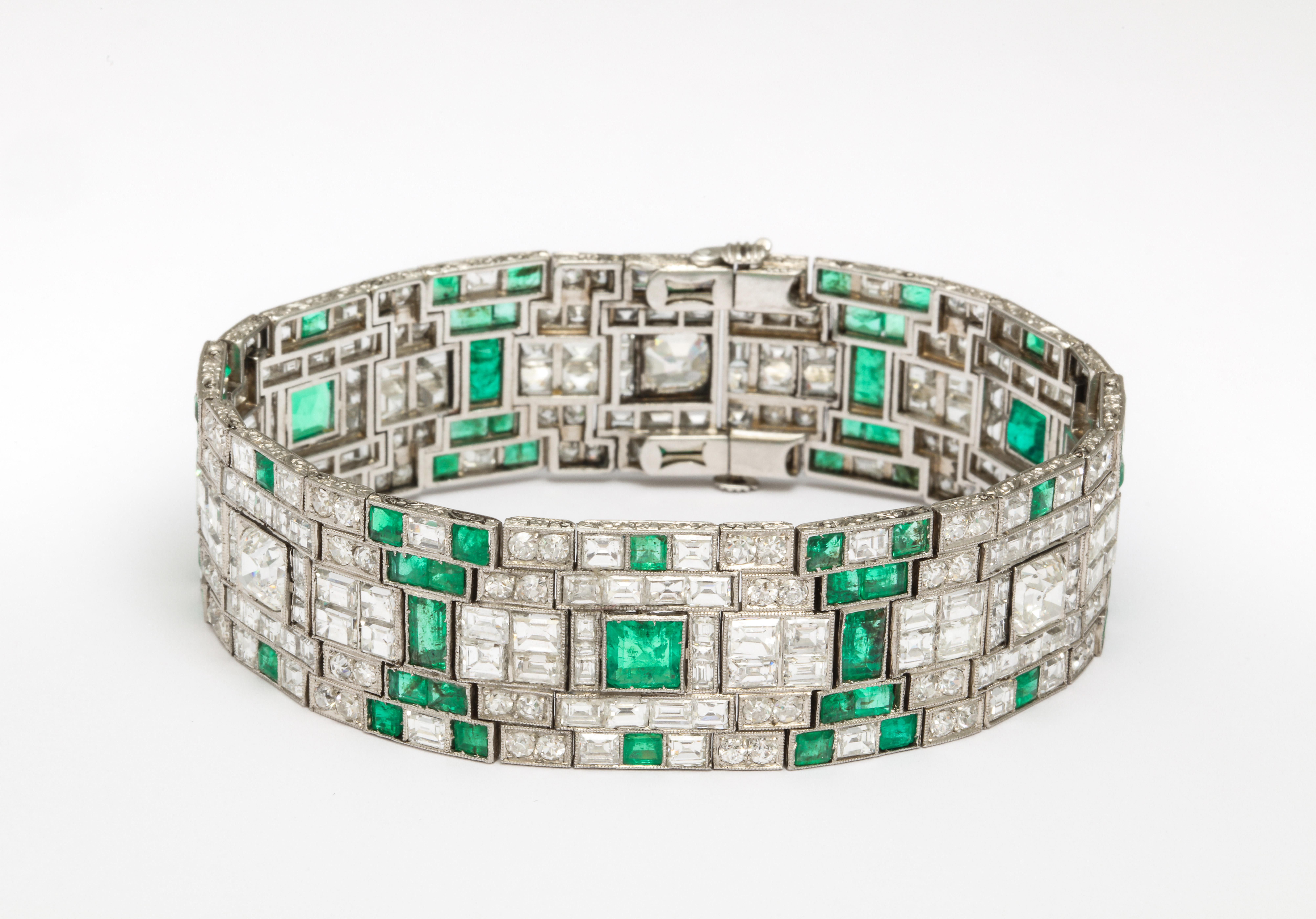 Women's or Men's Platinum Art Deco Emerald and Diamond Bracelet