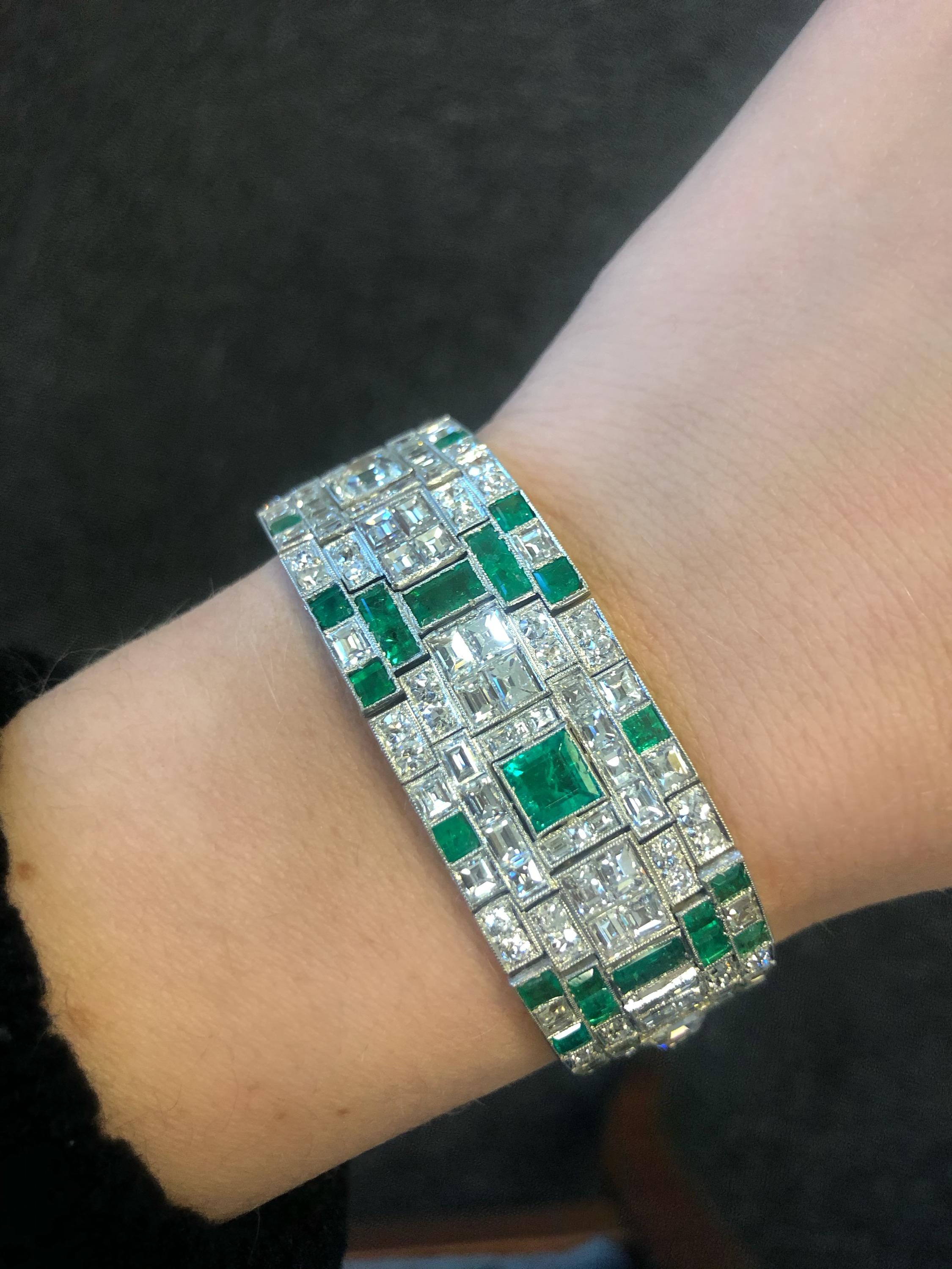 Platinum Art Deco Emerald and Diamond Bracelet 2