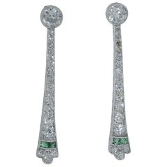Platinum Art Deco Emerald and Diamond Drop Earrings